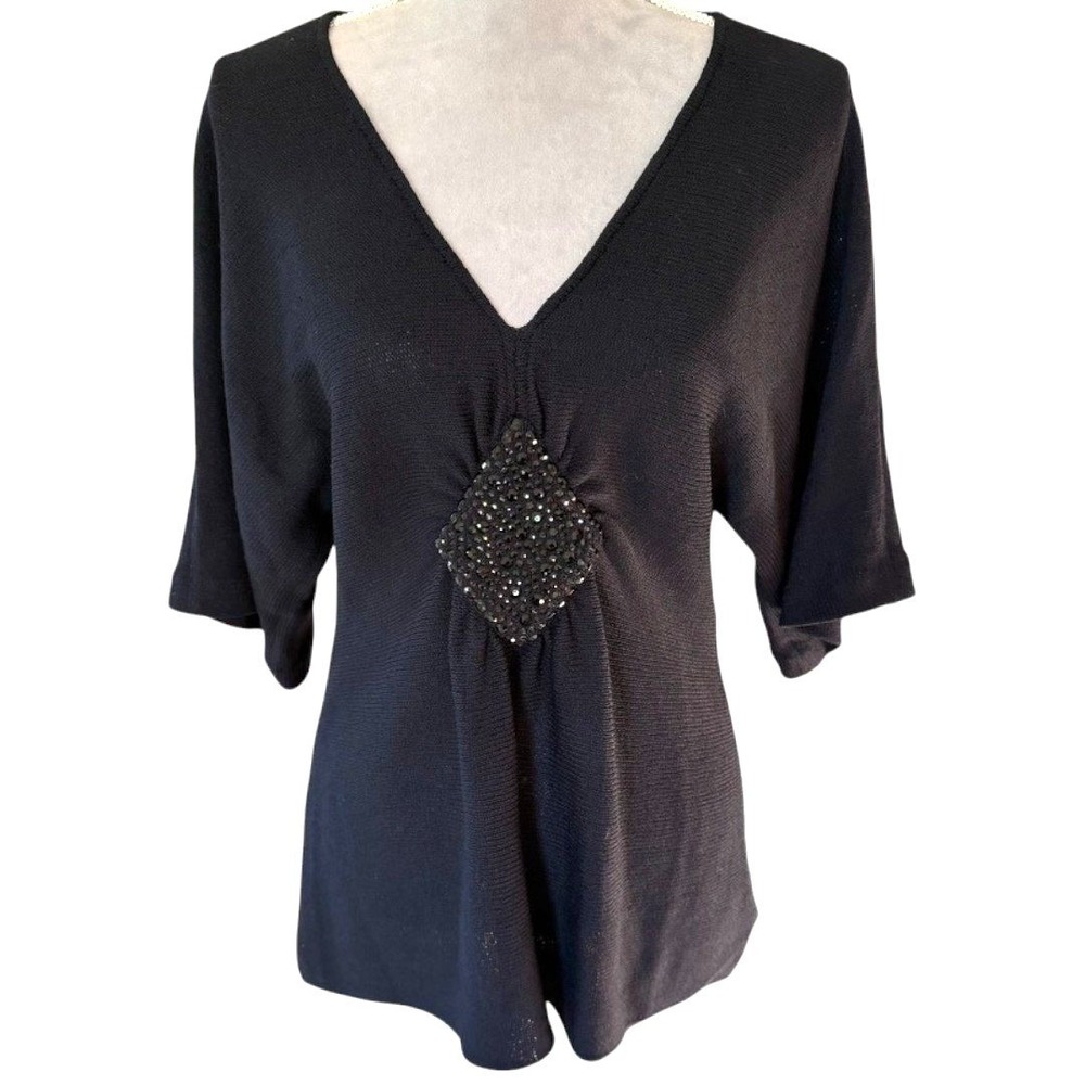 St. John Evening Black Beaded V Neck Formal Santana‎ Knit Top Women's Size M